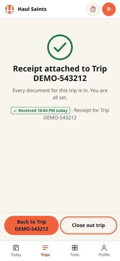 Confirmation screen: Receipt attached to Trip DEMO-543212. Every document for this trip is in.