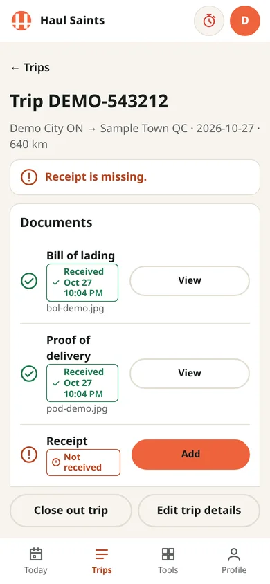 Trip DEMO-543212 documents: bill of lading and proof of delivery received, receipt not received, with Add button